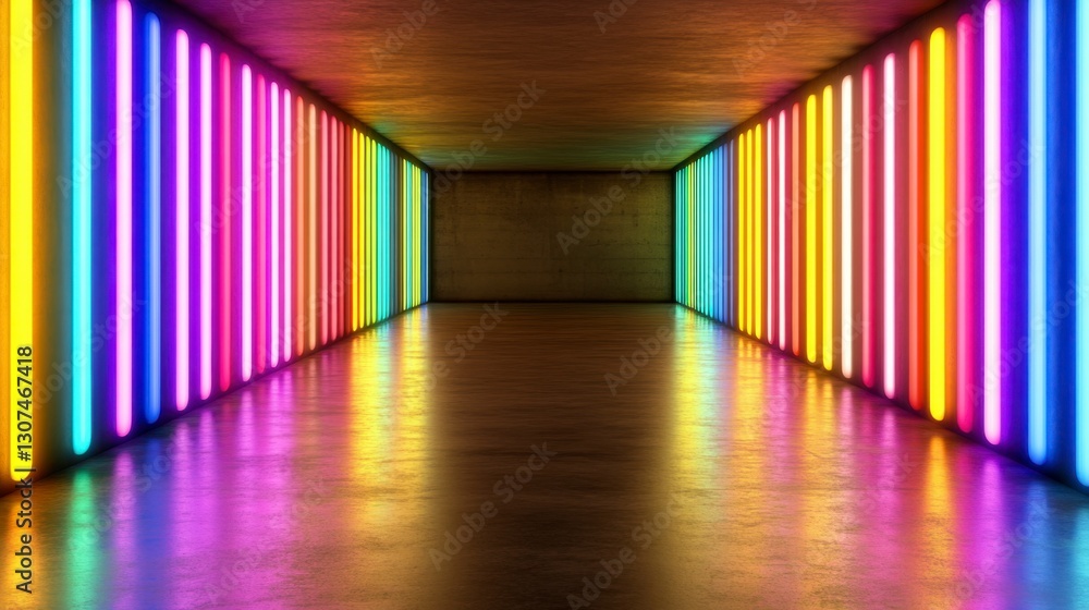Poster abstract colorful neon lights illuminate a reflective concrete corridor. vibrant hues create a dynam