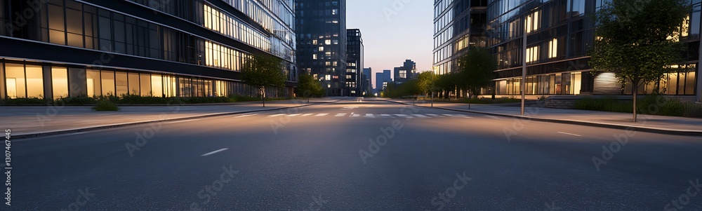 Poster a serene city intersection at dawn, showcasing modern architecture and soft lighting.