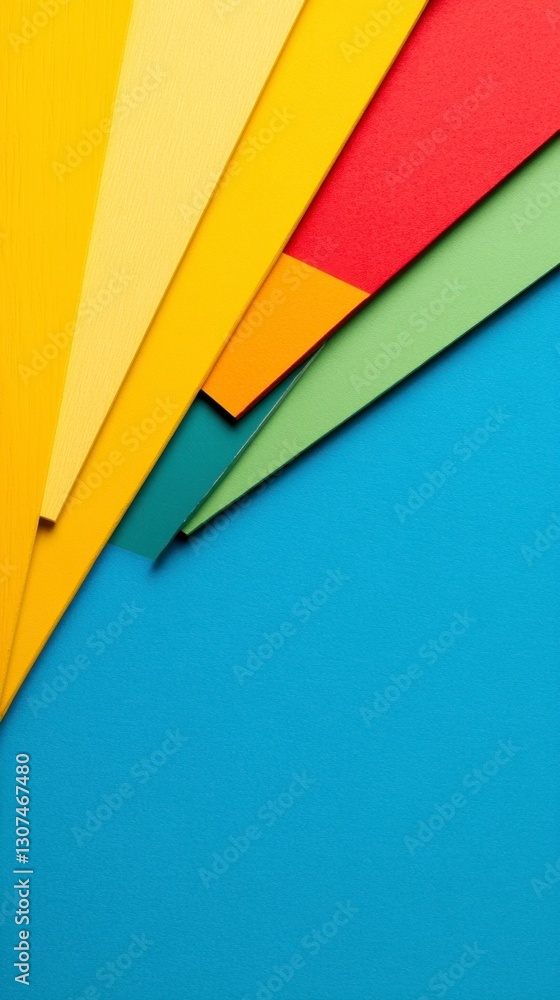 Aufkleber abstract image featuring vibrant colored paper sheets arranged in a fan like pattern against a blue 