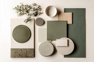 A creative flat lay showcasing interior design moodboard elements.