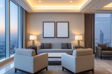 A modern lounge with elegant furnishings, large windows showcasing a city view, and soft lighting creating a warm atmosphere.