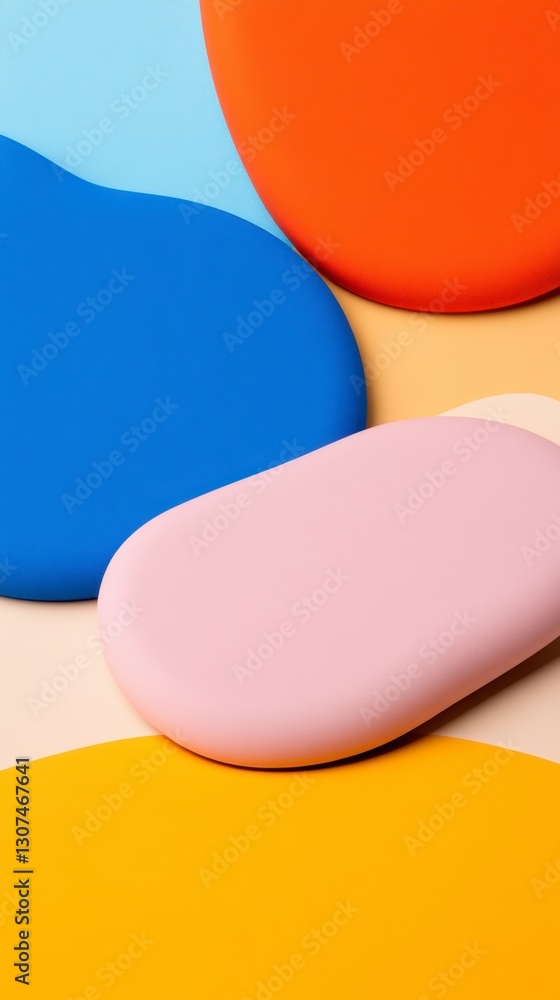 Poster abstract image featuring vibrant pastel and primary color shapes. smooth, organic forms overlap on a