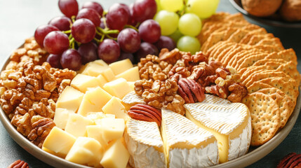 Cheese and nut platter with grapes and crackers