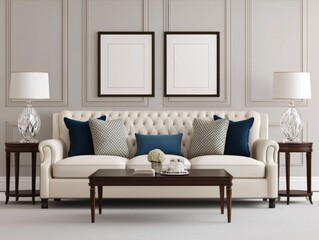 A chic living room featuring a tufted cream sofa, decorative pillows, elegant lamps, and minimalistic wall art against a neutral backdrop.