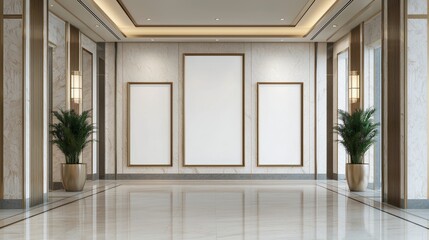 A modern hallway featuring empty frames on the walls, elegant lighting, and decorative plants, creating a sophisticated atmosphere.