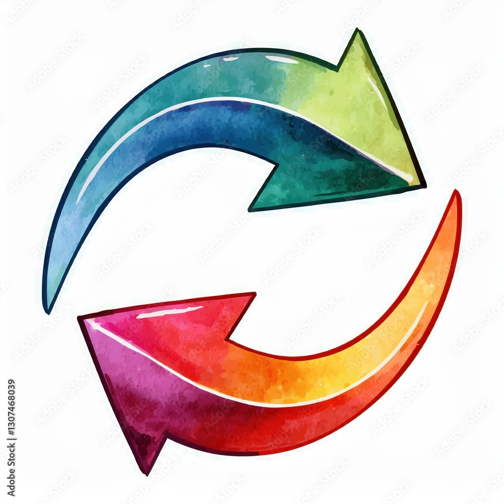 Poster watercolor arrows circular rotation with teal and red hues on white backdrop for refresh and recycle