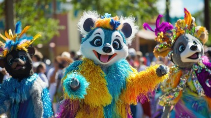 Colorful animal characters parade in a vibrant park, people in background