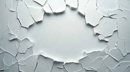 Abstract background of cracked white surface creating a central empty space. The texture is rough and irregular, with various sized fragments. Light illuminates the scene evenly.