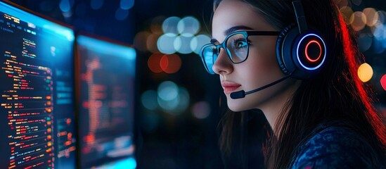 Female IT help desk professional equipped with a headset and glasses.