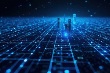 Obraz premium Futuristic Digital Cityscape Illuminated Towers Rise Above a Network of Glowing Lines and Nodes