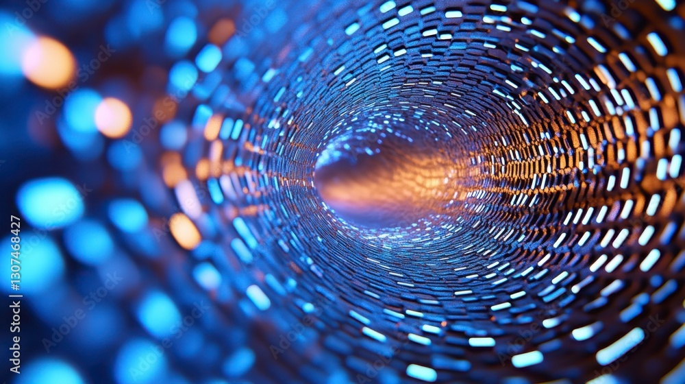 Poster abstract digital tunnel with glowing blue and orange lights. intricate geometric patterns create a s