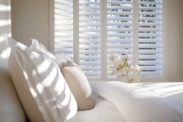 Elegant indoor shutters provide a sophisticated touch to the room.