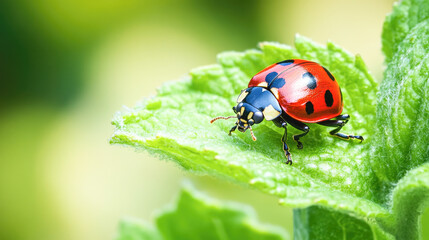 Obraz premium Close-up of a vibrant ladybug on a green leaf in natural light