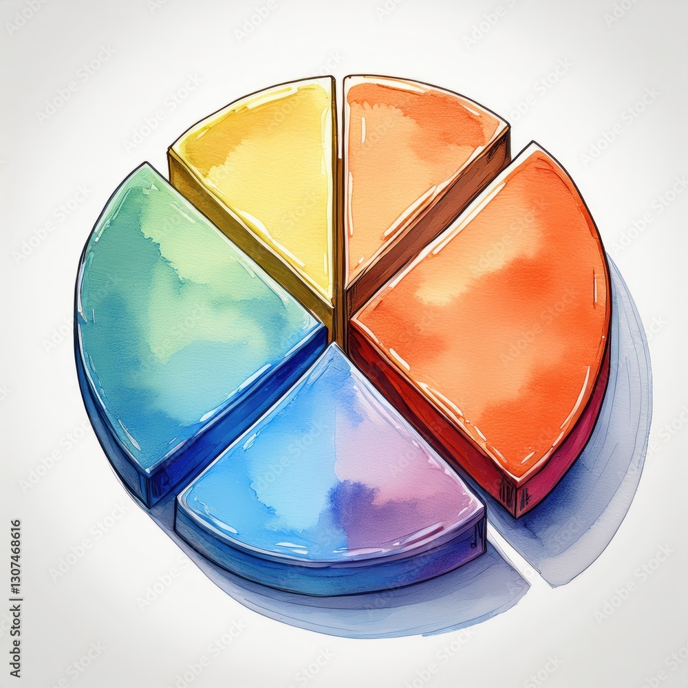 Poster watercolor pie chart displaying different colors sectors on white background presenting business dat