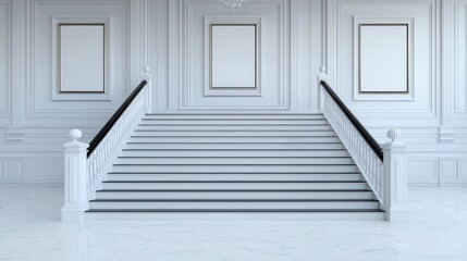 Obraz premium A grand staircase leads upwards in an elegant, minimalist space with white walls and decorative moldings.