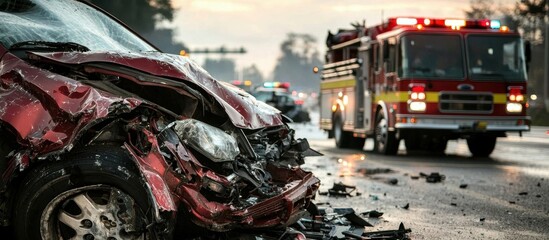 A fire truck and car parts collide in a traffic accident.