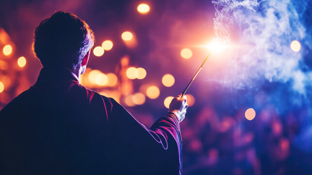 Mystical scene with wand-wielding figure at night with vivid lights and smoke