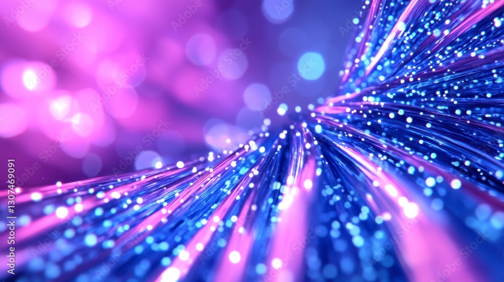 Poster abstract image of vibrant purple and blue glowing lines converging towards the viewer, creating a dy