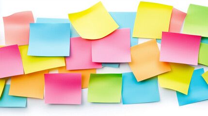 Colorful sticky notes arranged in creative pattern, showcasing various pastel shades. Ideal for brainstorming, reminders, and organization