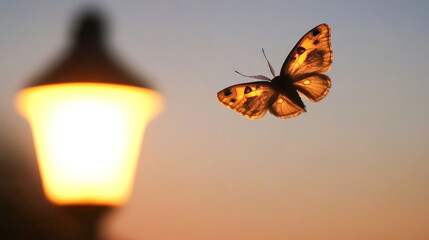 Butterfly silhouette against sunset sky near lamp post
