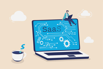 SaaS software as a service, cloud computing software for client subscription, internet web application online platform provider concept, businessman working with computer laptop on SaaS screen.