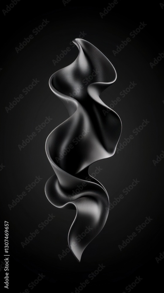 Fototapete Abstract grayscale 3D rendering of a swirling, textured form against a dark background. The sculpture like shape evokes movement and fluidity. Its metallic texture adds depth.