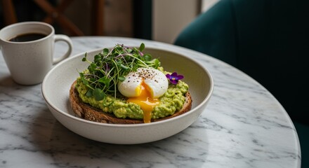 A bowl of avocado toast with gourmet toppings like microgreens, edible flowers, and a poached egg (1).png