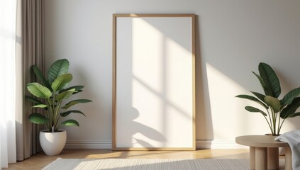 Single vertical ISO A0 frame mockup, reflective glass, mockup poster on the wall of living room. Interior mockup. Apartment background.