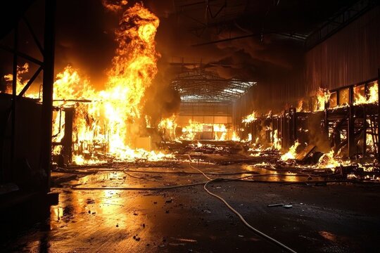 Intense blaze consuming industrial building.