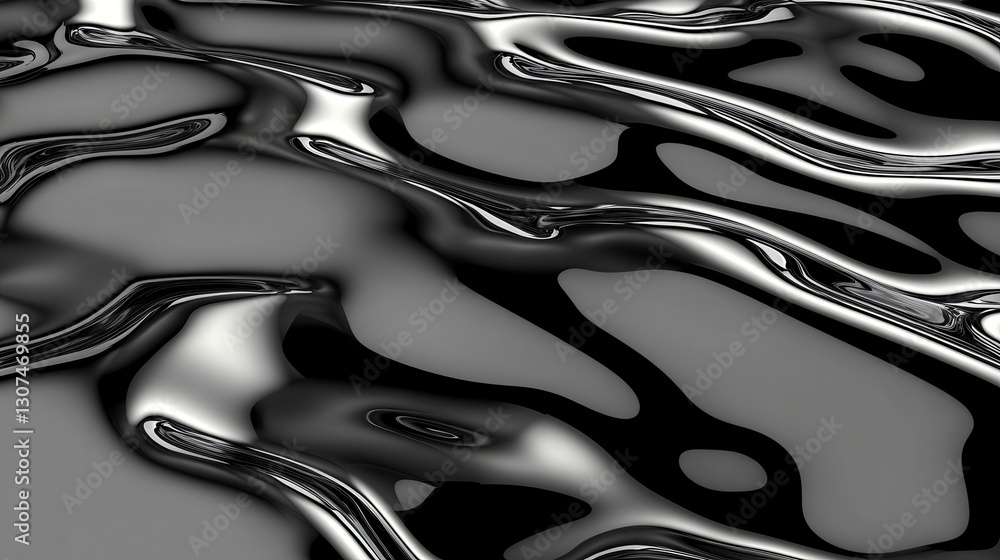 Poster abstract grayscale image featuring flowing, liquid like shapes with varying shades of black and meta