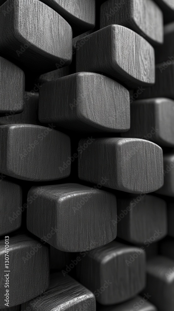 Poster abstract grayscale image of stacked rectangular blocks with a textured surface, creating a three dim