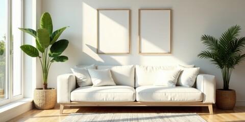 Sunlight Illuminates a Serene Living Room with Minimalist Decor and Lush Potted Plants