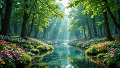 Obraz premium The lush green forests of the enchanted kingdom were filled with shimmering pools of crystal clear water, towering trees that seemed to whisper to each other