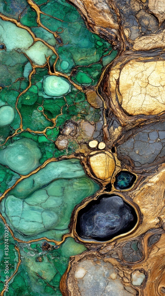 Poster abstract image of green and gold organic shapes resembling a geological formation. intricate details
