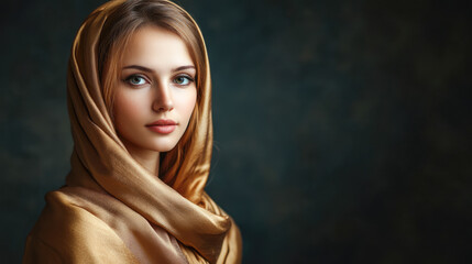 Fototapeta premium Young caucasian female with headscarf against dark background