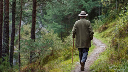Elderly caucasian male walking in forest path with cane