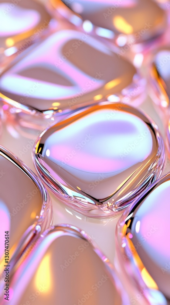 Poster abstract close up view of iridescent, glossy, smooth, oval shaped objects with soft pink and purple 