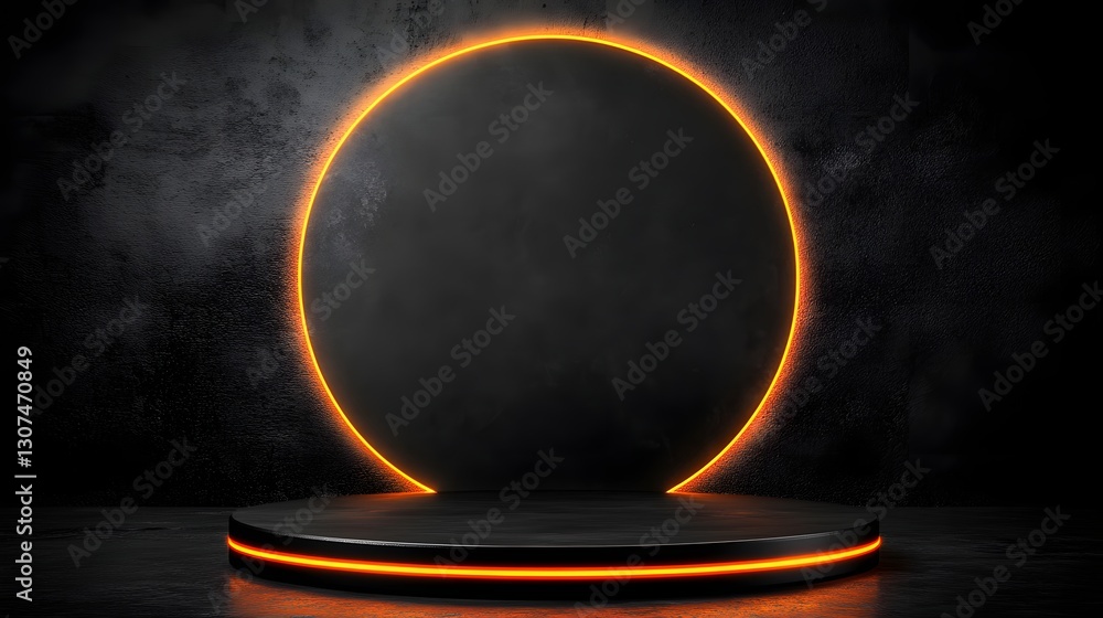 Poster modern round display stand with neon glow on dark background