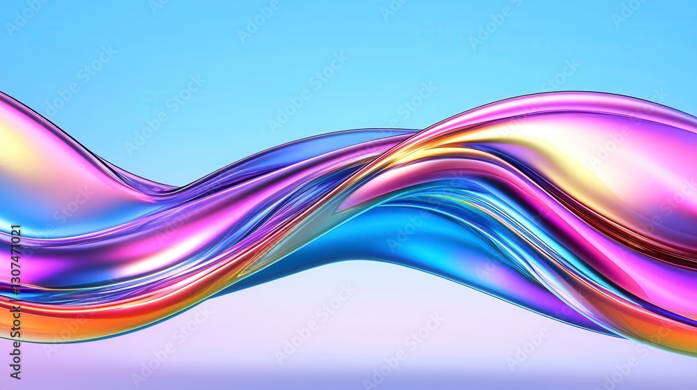 Poster abstract colorful wave design with iridescent, flowing forms against a light blue and purple gradien
