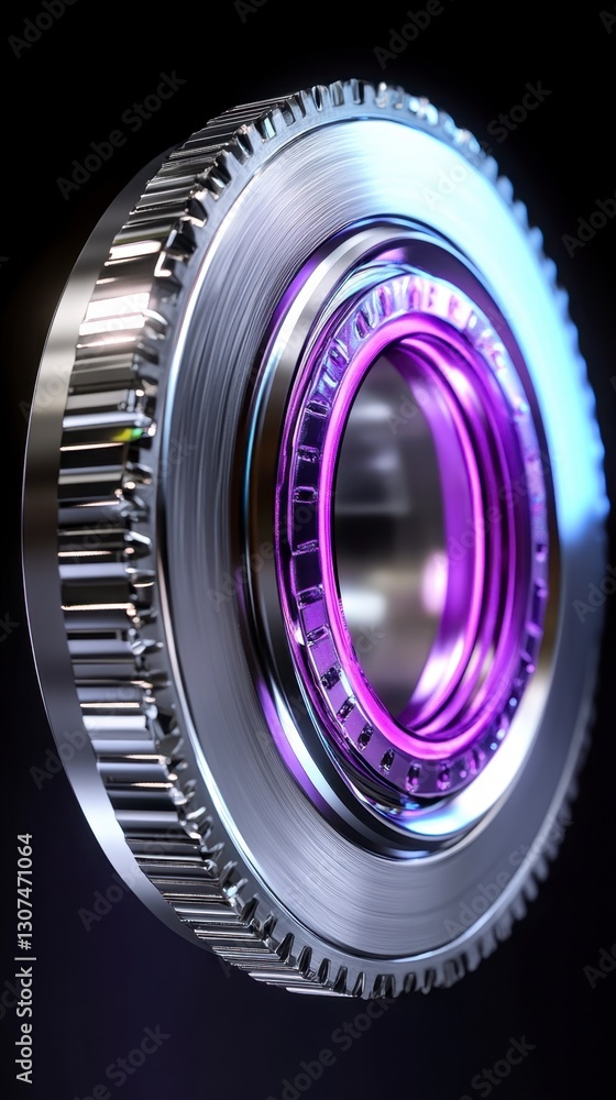 Poster abstract metallic object with purple and silver accents. close up view of a circular, textured, mech