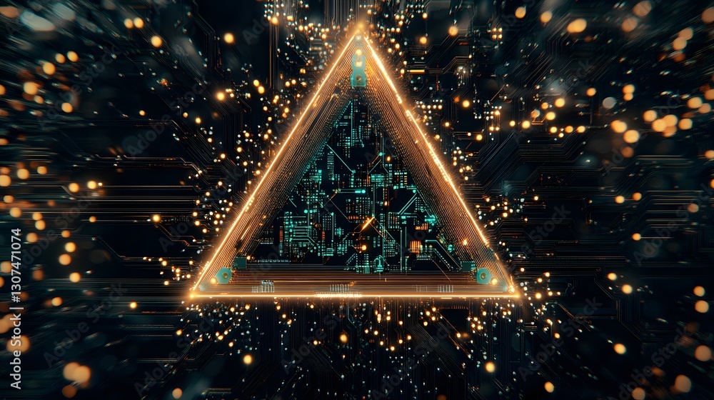 Poster futuristic triangle circuit design with glowing lights and patterns