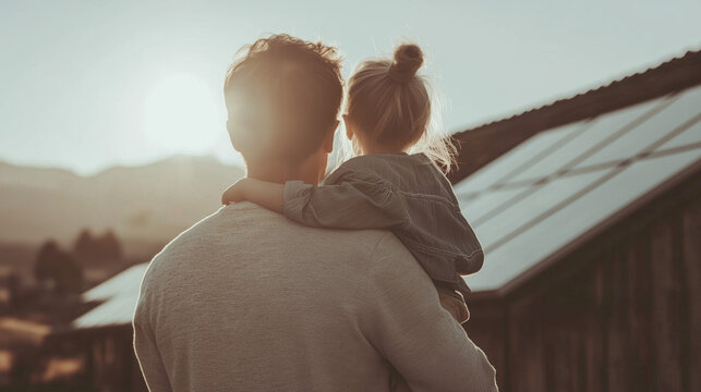 Father holding his daugther looking at solar panels, solar cell installed on metal sheet roof of their home with sunset background for alternative renewable green energy