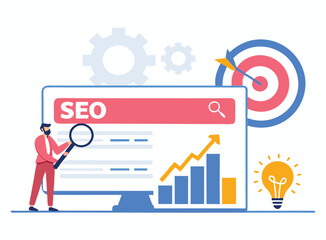 Change SEO ranking position. Search screen page with magnifier . Vector illustration flat design style. SEO, Search Engine Optimization, Top ranking Concept, Flat Vector