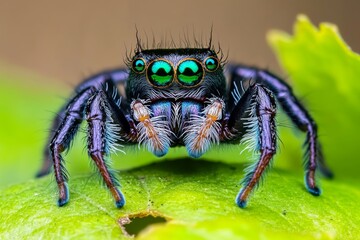 A jumping spider staring directly at the camera with its large, reflective eyes