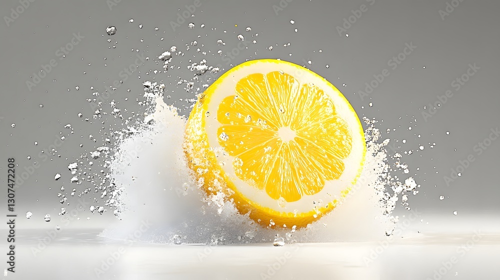 Poster fresh lemon slice splashes water creating refreshing scene