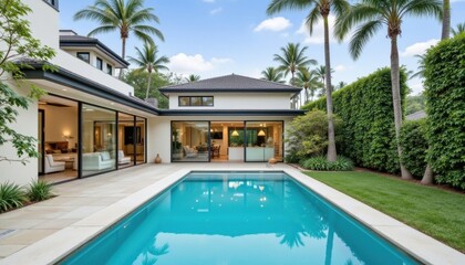 Fototapeta premium This modern villa features an expansive swimming pool surrounded by lush green gardens