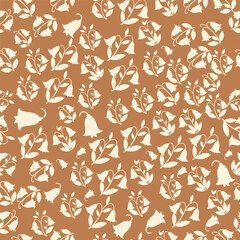 Floral Bell Shape Pattern with Leaves on Brown Background