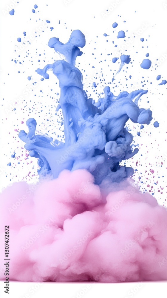 Poster abstract image of light blue and pink paint swirling and exploding against a white background. the c