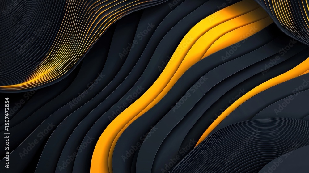 Poster abstract layered wave pattern displaying black and gold vibrant colors