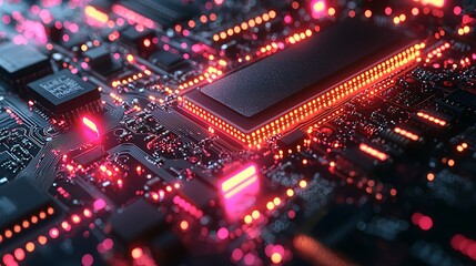 Obraz premium Electronic Circuit Board with Glowing Components and Connections Close-up View